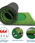 Real Feel Golf Putting Green Mat For Indoor Outdoor Practice With A True Roll Surface rolled with accessories shown