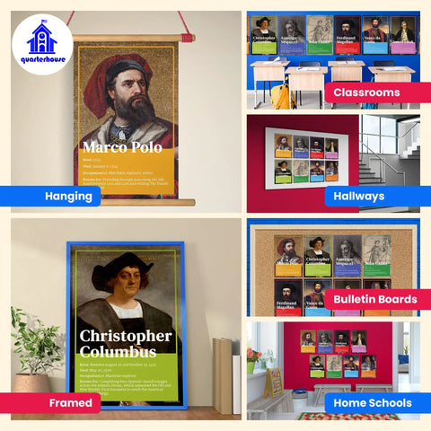Famous Explorers Poster Set For Classrooms Eight History Posters 12 By 18 Inches K 12 Teaching Materials Made In USA Marco Polo To Hernan Cortes Social Studies Decor Your Class Will Dig It showing classroom and hallway displays.
