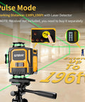 Straight Shooter Self Leveling Green Laser Level, 4X360 Layout Tool showing pulse mode and working distance up to 196ft.