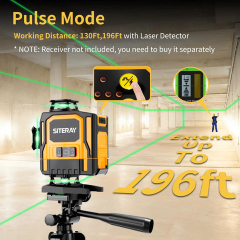 Straight Shooter Self Leveling Green Laser Level, 4X360 Layout Tool showing pulse mode and working distance up to 196ft.