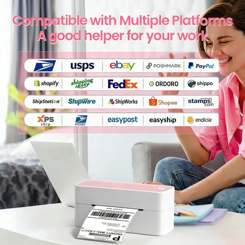 Woman using Bluetooth Thermal Label Printer For 4x6 Shipping Labels, Wireless, Small Biz Ready, Pink Color, Works with iPhone Android