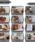 Unboxing process of Antique Brass Orrery Desk Model, showing step-by-step from opening box to displaying the brass gear system.