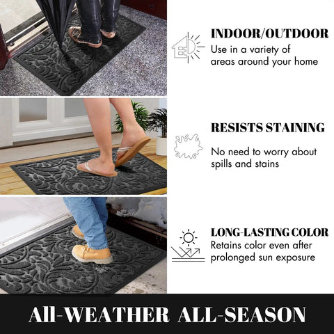 Three images showing a Heavy Duty Non Slip Outdoor Doormat For Front Door And Entryway Waterproof Sturdy Retro Mat For Garage And Patio Easy Clean 29.5 By 17 Inches Grey Durable Dirt Trap For All Weather Use in various settings.
