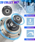 ER20 collet nut on Beefy 3KW Water Cooled CNC Spindle Motor 220V 24000 RPM ER20 4 Bearings 100mm Housing 3 Phase Inverter Ready