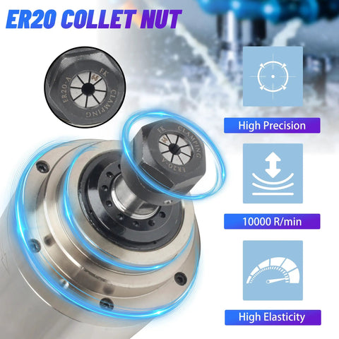 ER20 collet nut on Beefy 3KW Water Cooled CNC Spindle Motor 220V 24000 RPM ER20 4 Bearings 100mm Housing 3 Phase Inverter Ready