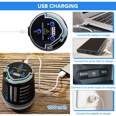 Charging setup of Two Pack 3 In 1 Bug Zapper With USB Rechargeable Battery Waterproof Mosquito Killer Outdoor Indoor LED Lantern Camp Light And SOS Emergency Light For Home Backyard.