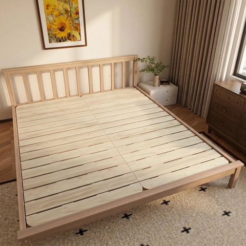 Queen Foldable Floor Bed Frame Built Tough With Heavy Duty Pine Wood Slats Features An Elevated Airflow Gap Hassle Free Setup view from side showing slats