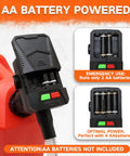Battery Powered Gas Can Pump With Auto Shut Off, black pump on red gas can, AA battery compartment shown, batteries not included.