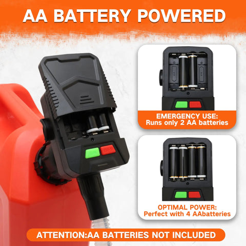 Battery Powered Gas Can Pump With Auto Shut Off, black pump on red gas can, AA battery compartment shown, batteries not included.