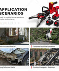Cordless Hydraulic Shear and Spreader Tool Behemoth for Heavy Duty Metal Cutting and Expansion, Battery Powered Expander Traction Pliers, 313.8kN Capacity, Outdoor Ready, showing application scenarios like traffic accident rescue and more.