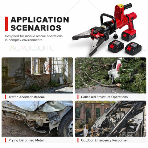 Cordless Hydraulic Shear and Spreader Tool Behemoth for Heavy Duty Metal Cutting and Expansion, Battery Powered Expander Traction Pliers, 313.8kN Capacity, Outdoor Ready, showing application scenarios like traffic accident rescue and more.