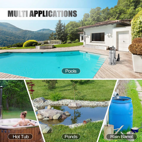 Heavy Duty 1.6 HP Submersible Sump Pump Boasts Wicked High Flow And Rustproof Stainless Steel Build near a pool, hot tub, pond, and rain barrel.