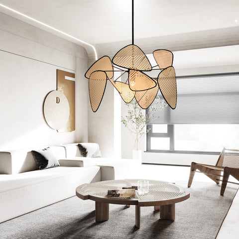 Fan Shaped Pendant Light With Woven Shade Handmade Silver Hanging Ceiling Lamp in modern living room setting
