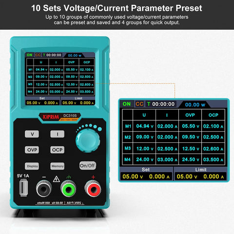 Adjustable DC Power Supply 0 To 30V 0 To 10A With 110V Input featuring display with 10 voltage/current presets, buttons, and controls.
