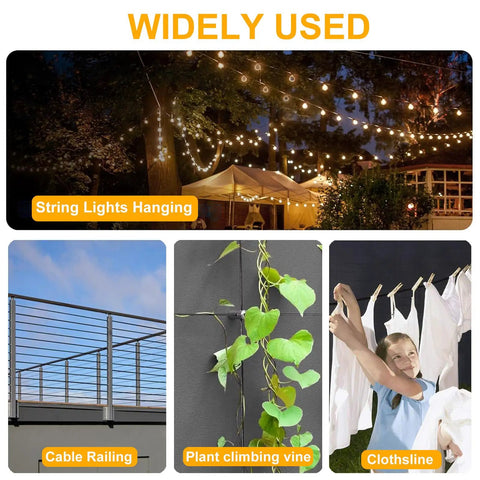 Widely used image showcasing string lights hanging, cable railing, plant climbing vine, and clothespin use.