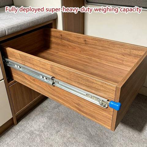 Locking Heavy Duty Drawer Slides 1 Pair Side Mount Ball Bearing Full Extension Cold-Rolled Steel Rails Tough Toolbox Hardware Badass Tool Cabinet 60 Inch Regular Model Solid Build Smooth Glide fully extended in drawer.