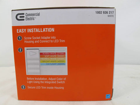Instructions on the box of Five Or Six Inch White Integrated LED Recessed Downlight Kit With Color Temperature Adjustable Energy Star Certified Trim Included Dimmer Friendly 4 Pack