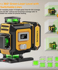 Laser Level With Tripod For Precise Tile Installation And Framing, Self Leveling 4x360 Green Beam, 4D Laser Level Kit With Dual 4000mAh Batteries, Great For Picture Hanging And Home Renovation DIY, black and yellow body with green beam modes