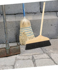 Straight Up Solid Horsehair Broom With Long Grippy Handle And Soft Pine Bristles for sweeping floors next to a straw broom.