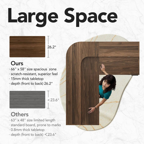 Top Shelf Badass Corner Electric Standing Desk With Spacious Storage Drawers And Clean Power Strip Tray Smooth Height Adjustable Gaming Table Sick Setup For Massive Dual Monitor Rigs Walnut large workspace diagram with dimensions.