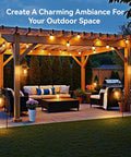 Outdoor patio scene with Two Pack Solar Lanterns Outdoor Waterproof Hanging Lights With Wall Hooks Retro Metal Lanterns lit at night.