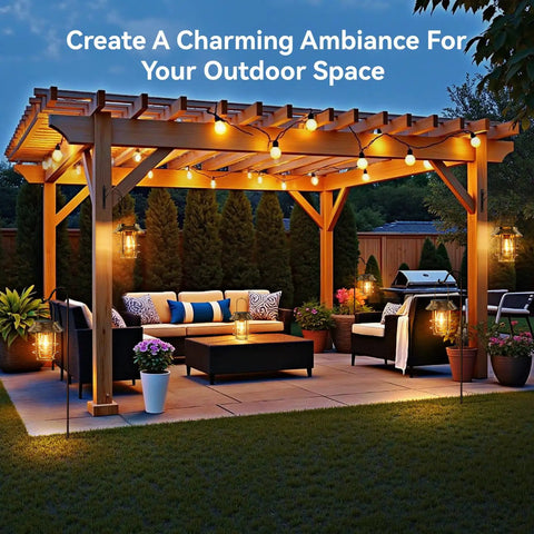 Outdoor patio scene with Two Pack Solar Lanterns Outdoor Waterproof Hanging Lights With Wall Hooks Retro Metal Lanterns lit at night.