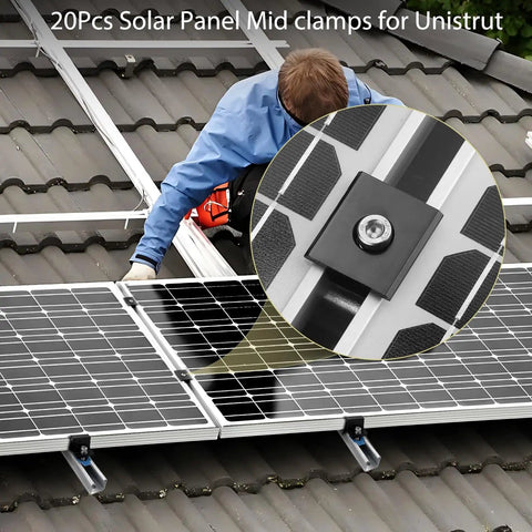 20 Piece Solar Panel Mid Clamps For Unistrut Aluminum 30Mm 35Mm Brackets Mounting Kit For Metal Roof Tin Roof Flat Roof RV