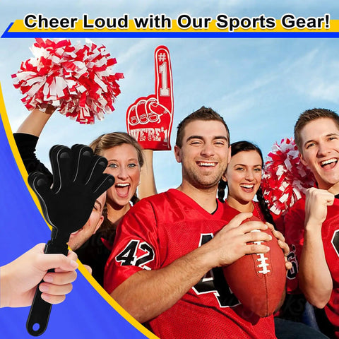 8 Pack 7.5 Inch Plastic Hand Clappers Noisemakers For Cheering And Crowd Energy shown with cheering fans and sports gear