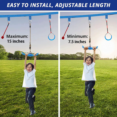 Child playing on Ninja Twister Swing Spins Set Slackline Attachments in backyard with maximum and minimum length settings