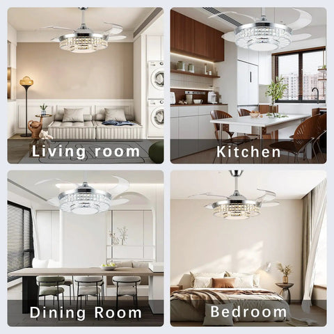 42 Inch Retractable Ceiling Fan With Bright Lights, Smooth App Controlled Crystal Chandelier in Living Room, Kitchen, Dining Room, Bedroom.