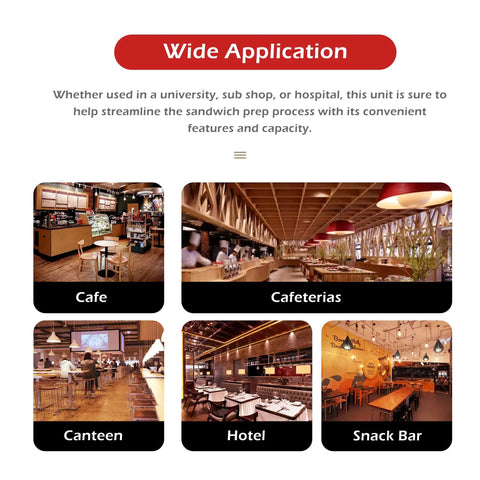 Various applications of Heavy Duty 48 Inch Sandwich And Salad Prep Table Refrigerator in cafes, cafeterias, canteens, hotels, and snack bars.