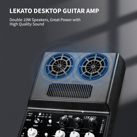 Top view of Portable 20W Rechargeable Guitar Amp With Distortion And Delay Effects, Bluetooth Ready, dual 10W speakers visible