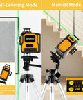 Straight Shooter Self Leveling Green Laser Level in self-leveling and manual modes on tripod with remote control.