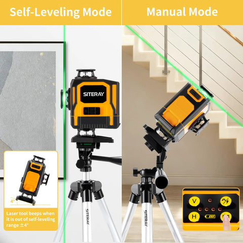 Straight Shooter Self Leveling Green Laser Level in self-leveling and manual modes on tripod with remote control.