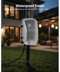 Heavy Duty Outdoor Power Stake With 25 Foot Extension Cord And Six Weatherproof Grounded Outlets showing waterproof cover in rain.