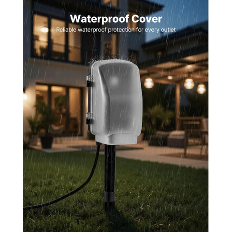 Heavy Duty Outdoor Power Stake With 25 Foot Extension Cord And Six Weatherproof Grounded Outlets showing waterproof cover in rain.
