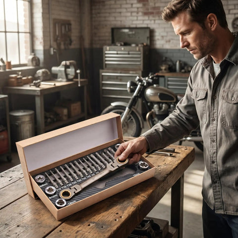 Man examining 23 Piece Flexible Head Ratchet Socket Wrench Set With Heavy Duty CRV Steel All In One Repair Tool Kit in workshop