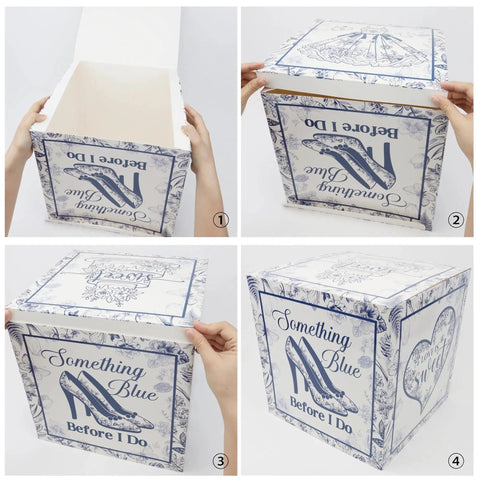 Vintage Floral Block Box Centerpiece Set of Four With Matching Champagne Flute Stands Is a Straight Up Party Starter for Glam Weddings and Bachelorette Celebrations, displayed in four angles showing the floral design and folding action.