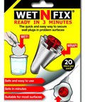 Wet N Fix packaging for discs fixing wall plugs in weak masonry, 20-pack, quick set in 3 minutes, illustrated instructions included.