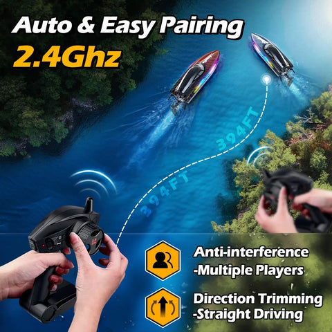 High Speed RC Boat 30KMH With Waterproof Hull, 7 LED Light Modes racing on water with 2.4GHz remote control, 120m range shown.