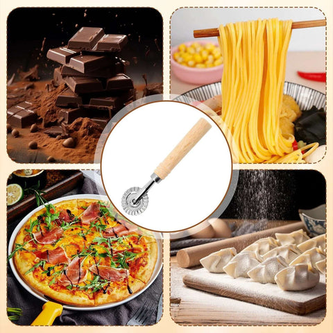 Front view of pastry wheel cutter with wooden handle and fluted metal wheel.