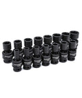 1/2 Inch 6 Point Metric Universal Impact Socket Set, 15 Piece, Built Tough In Cr-Mo Steel With Off Corner Loading, displayed in a row