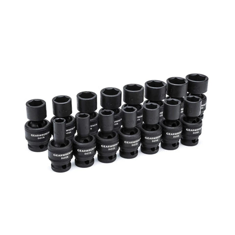 1/2 Inch 6 Point Metric Universal Impact Socket Set, 15 Piece, Built Tough In Cr-Mo Steel With Off Corner Loading, displayed in a row