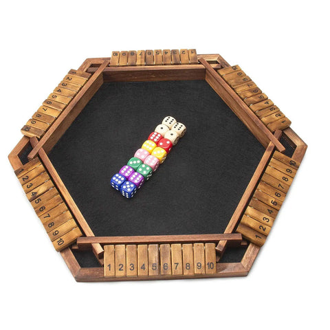 Upgraded Shut The Box Dice Game For 1 To 6 Players With Wooden Board And 16 Dice, hexagonal board with numbered flaps.