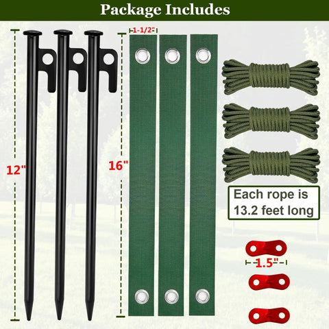 Heavy Duty Tree Stake Kit With 3 Straps, 3 Steel Spikes, And 39 Ft Rope For Young Trees, windproof support kit components