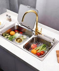 Heavy Duty Garbage Disposal Flange With Sink Drain Stopper, 304 Stainless Steel Brushed Gold Kitchen Adapter in modern sink with vegetables.