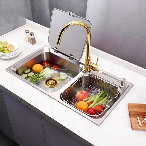 Heavy Duty Garbage Disposal Flange With Sink Drain Stopper, 304 Stainless Steel Brushed Gold Kitchen Adapter in modern sink with vegetables.