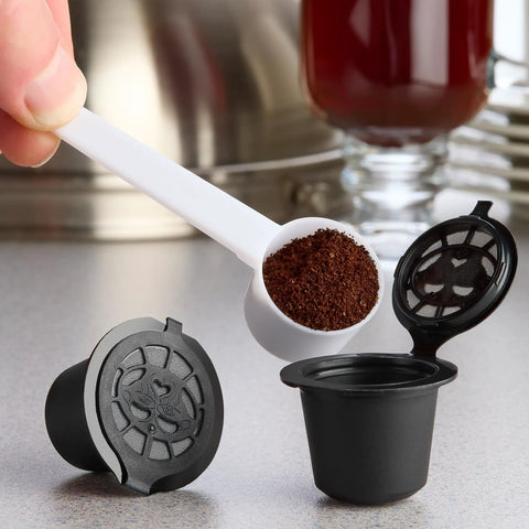 Refillable Coffee Pods For OriginalLine Machines Reusable Capsules Pack Of 6, open pod with ground coffee being scooped in