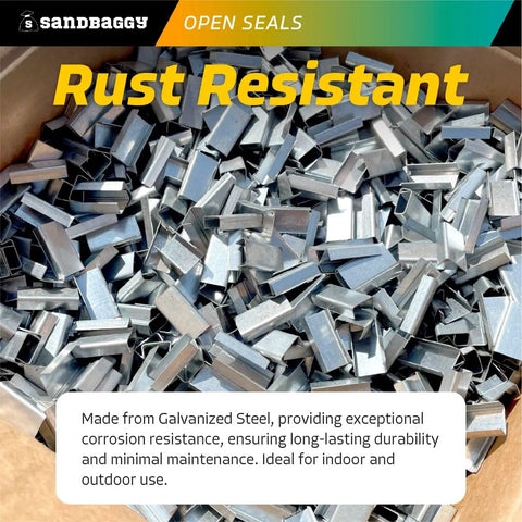 Open Steel Strapping Seals Half Inch By One And A Quarter Inch Galvanized Metal Banding Clips Piled in Box