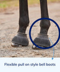 Pair Of Horse Bell Boots Rugged Rubber Overreach Protection For Horses Large Size Black Protective Equine Boot Set Built To Last Comfort And Quick Easy Fit on horse legs